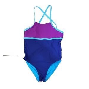 LL Bean Girls One Piece Swimsuit Size 16 Pink Blue Colorblock Bathing Suit Sport